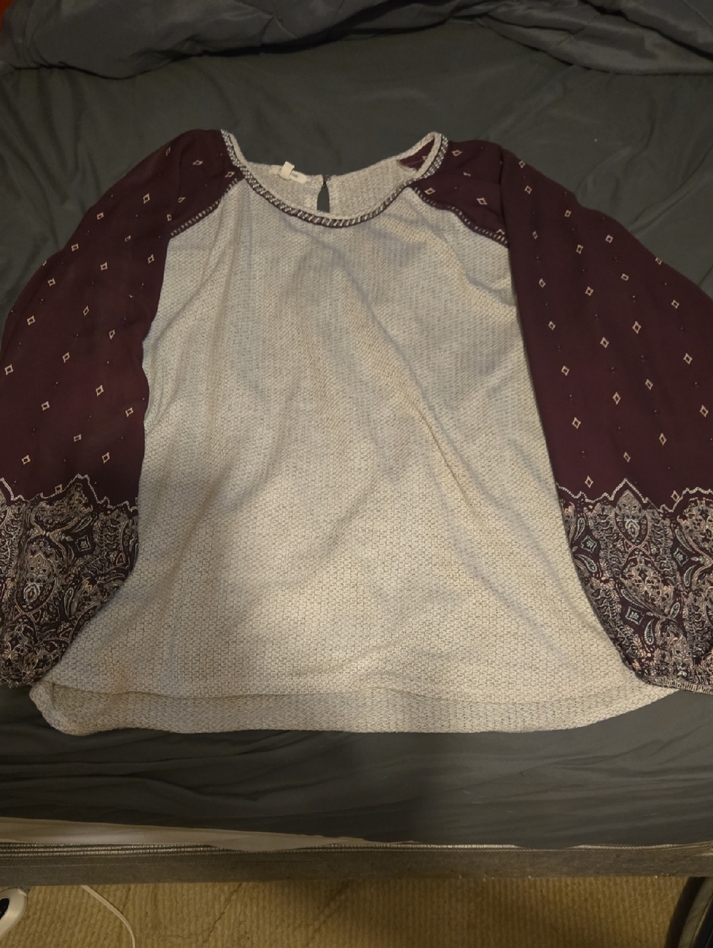 Maurices Cream Knit Top with Burgundy Paisley Balloon Sleeves